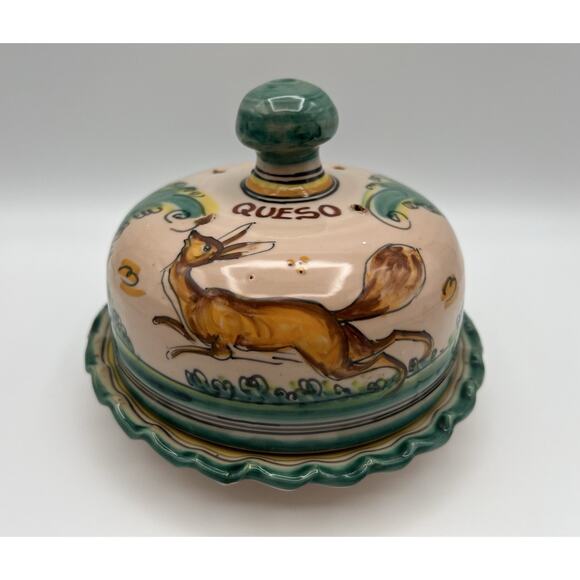 Spanish Art Pottery Hand Painted 7” Fluted Queso Cheese Plate w